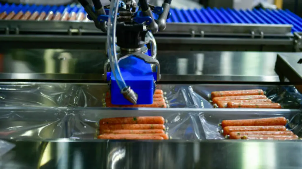 High-performance machines are wrapping processed fresh food products sausages