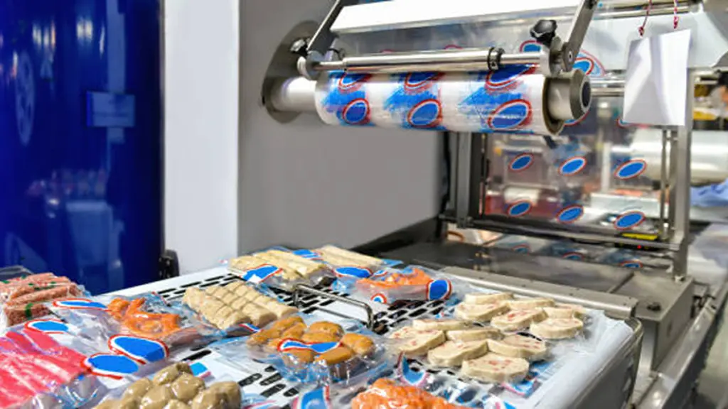 Automatic meatballs, pork, slices fresh meat, food production line on conveyor belt equipment machinery in factory