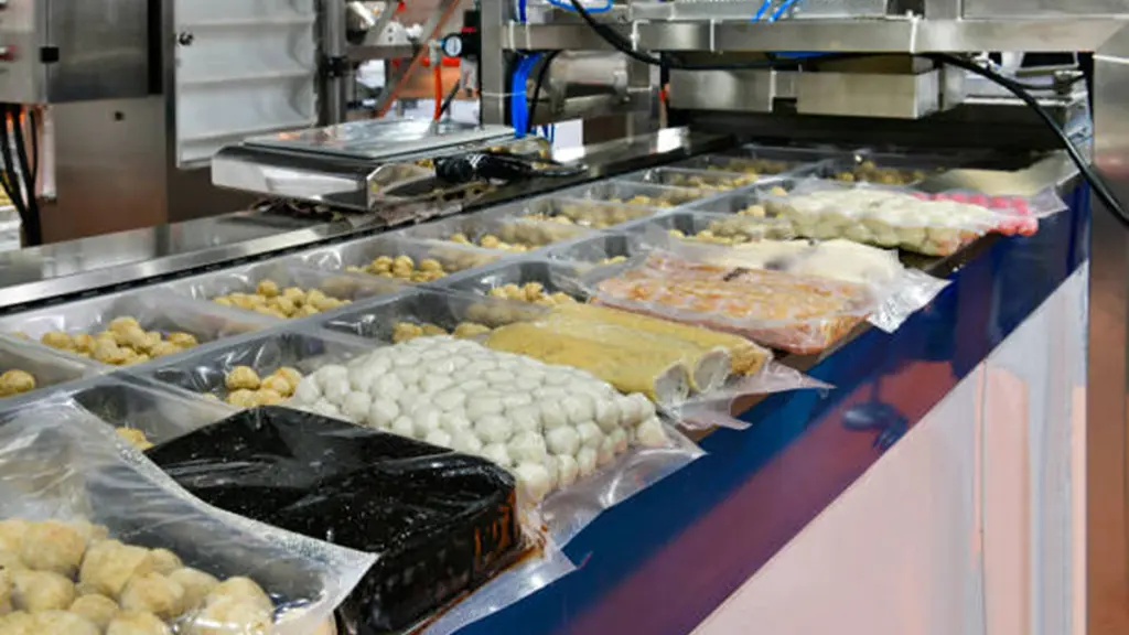 Automatic meatballs, pork, slices fresh meat, food production line on conveyor belt equipment machinery in factory