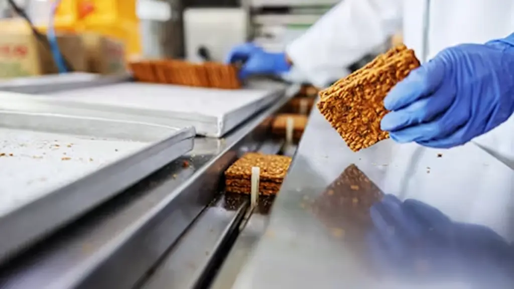 worker picking up biscuits form machine while standing in food factory.