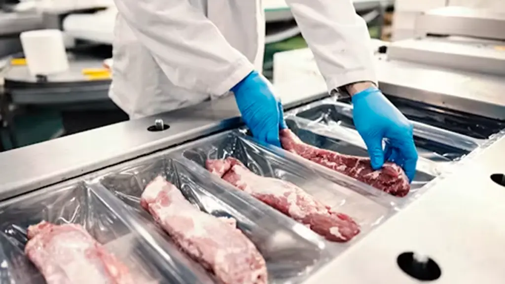 a food factory worker packing meat into the plastic on a packing machine