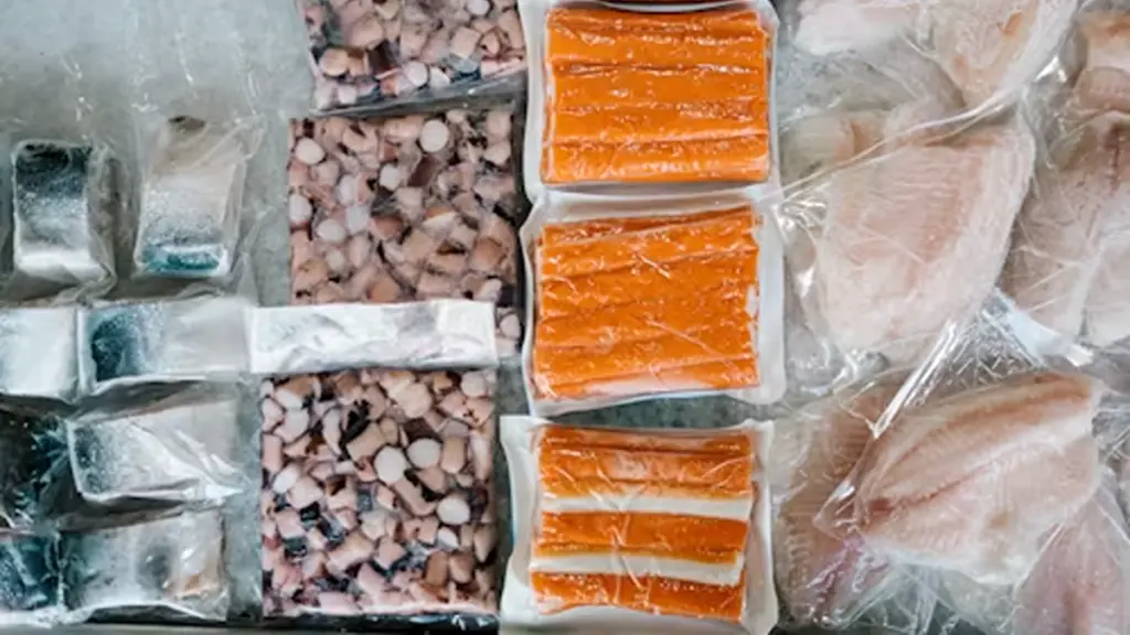 frozen seafood products in plastic packaging