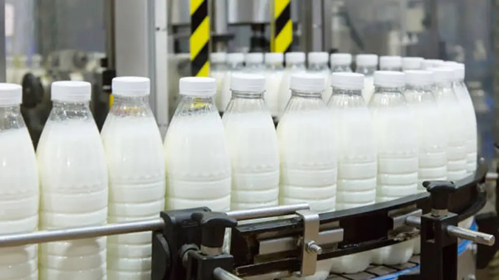 Factory producing milk or yogurt in to plastic bottles on conveyor line