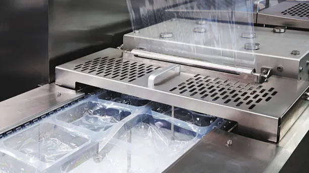 Automatic MAP tray sealer and film wrapping machine in action for food packaging line