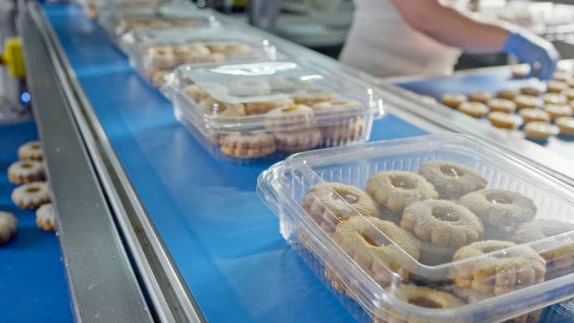Rows of packaged cookies moving along a blue conveyor belt in a bakery factory