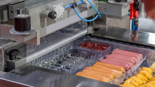 Close-up of thermoforming vacuum packaging machine with formed plastic pockets containing sausages and food items